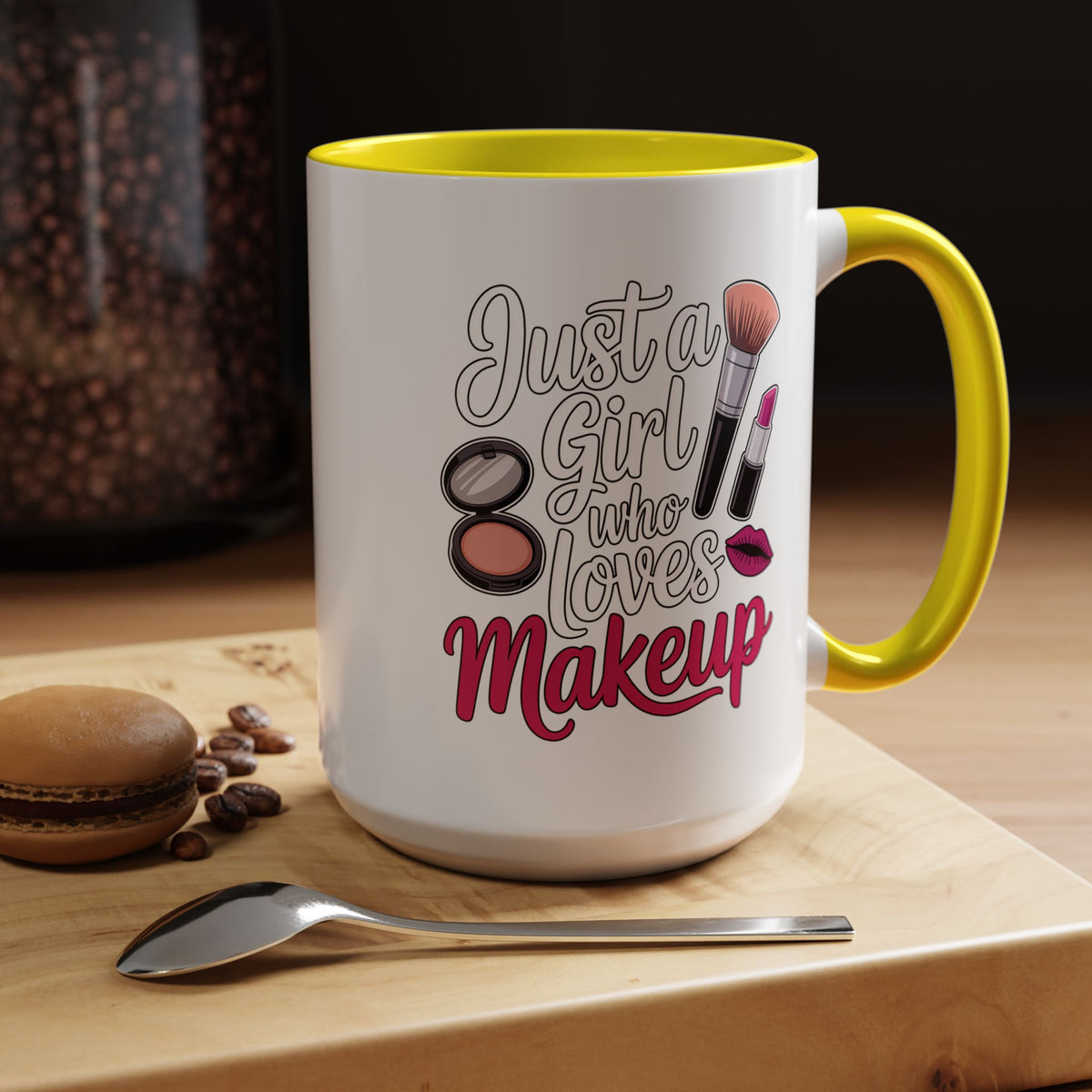 Makeup Lover Coffee Mug, Just a Girl Who Loves Makeup Quote, Lipstick and Brush Design, Birthday Gift for Beauty Enthusiast or Makeup Artist