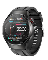 Round AMOLED smartwatch with black sport band, angled view showing heart rate, steps, and weather