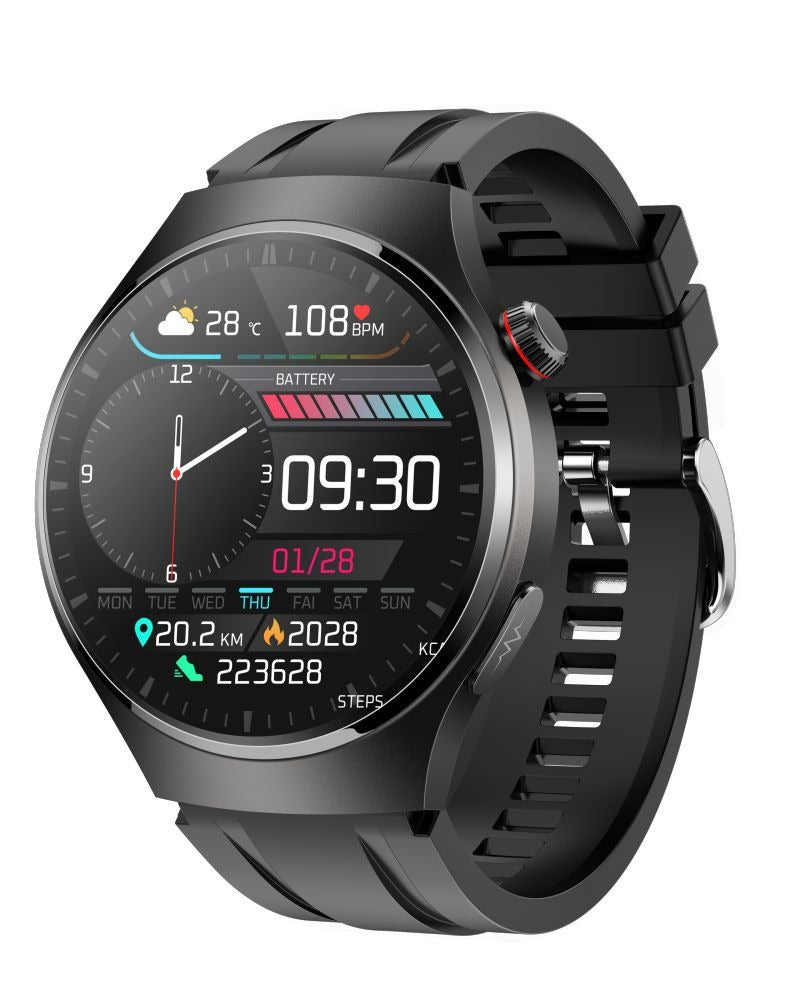 Round AMOLED smartwatch with black sport band, angled view showing heart rate, steps, and weather