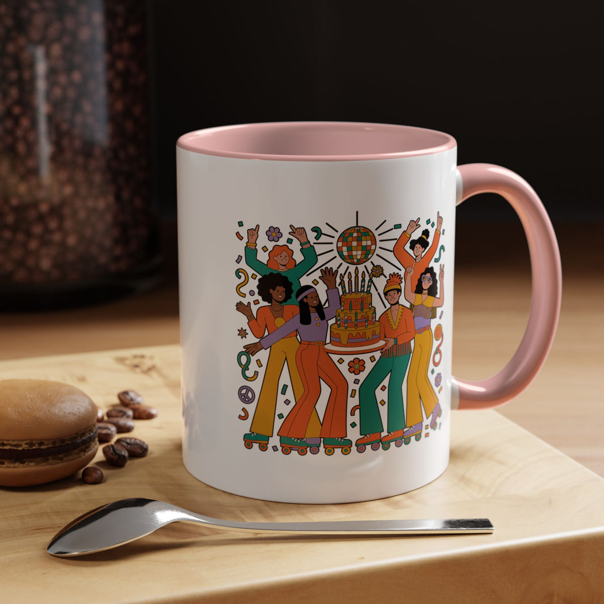 Retro Disco Birthday Coffee Mug, 70s Roller Skating Party Design, Groovy Gift for a Skater Friend Who Loves Colorful Nostalgic Drinkware