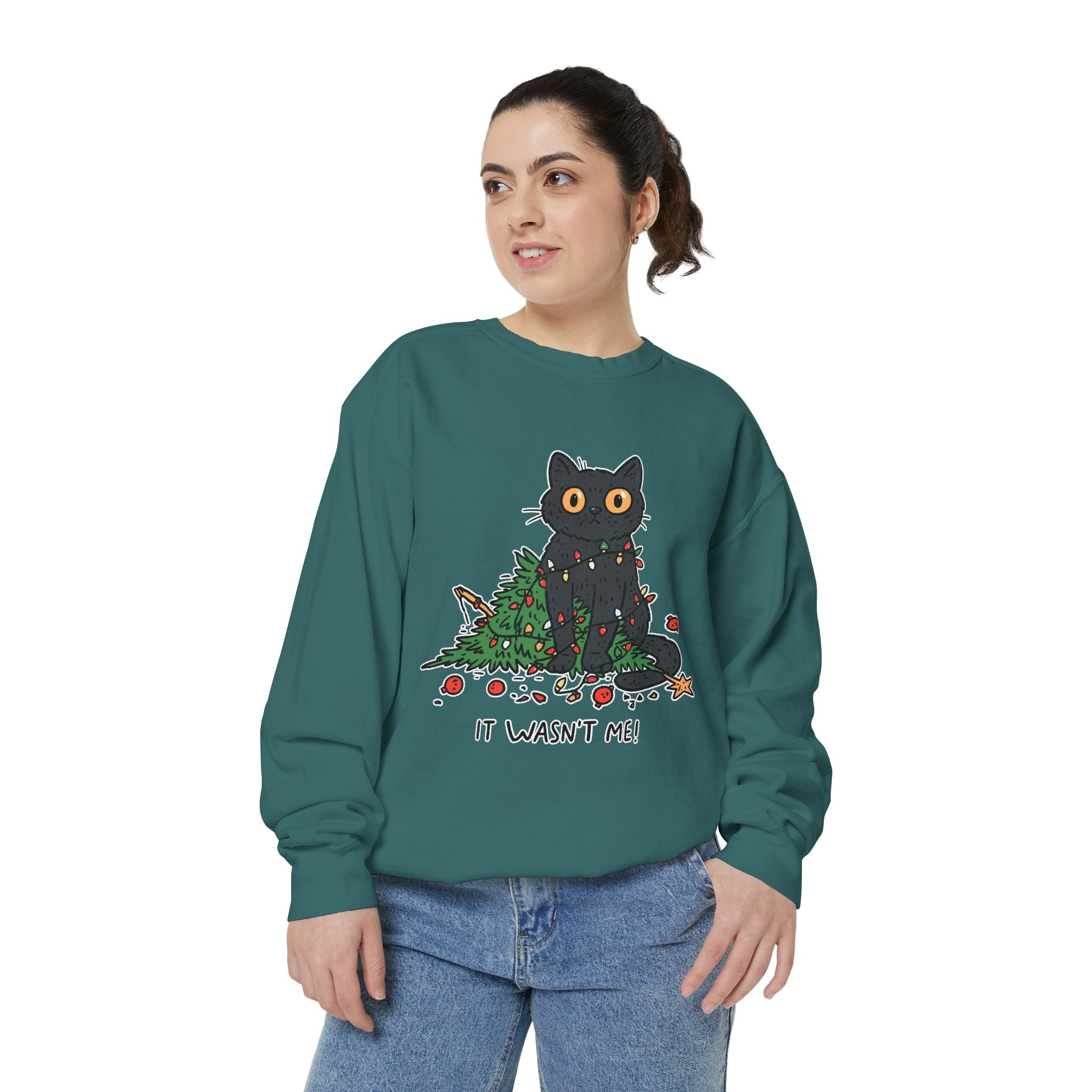 It Wasn't Me Black Cat Christmas Sweatshirt, Funny Holiday Crewneck, Mischievous Kitty Lights Pullover, Gift for Cat Mom or Cat Dad