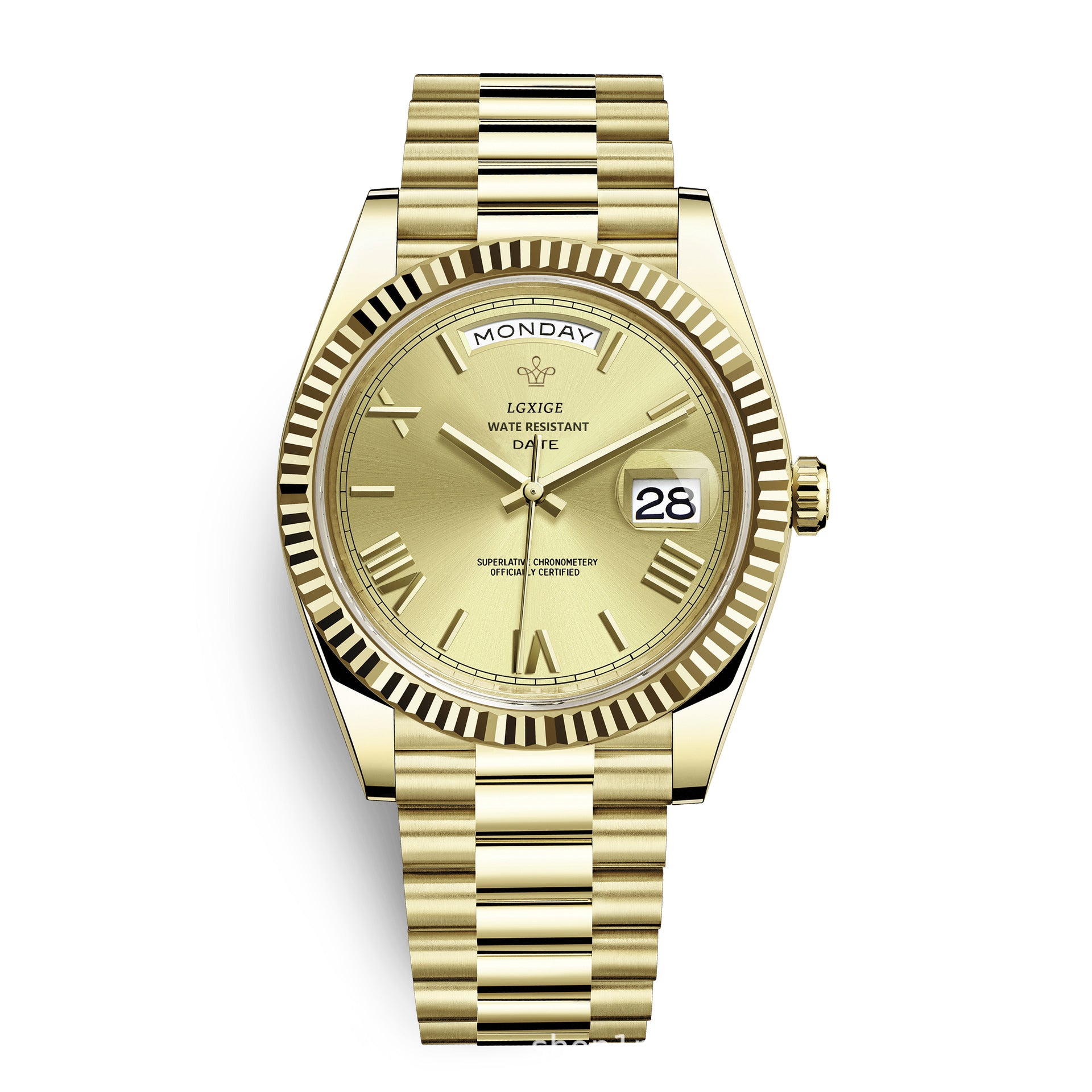 Gold-tone watch with a fluted bezel, champagne dial with day/date windows, and a matching metal bracelet