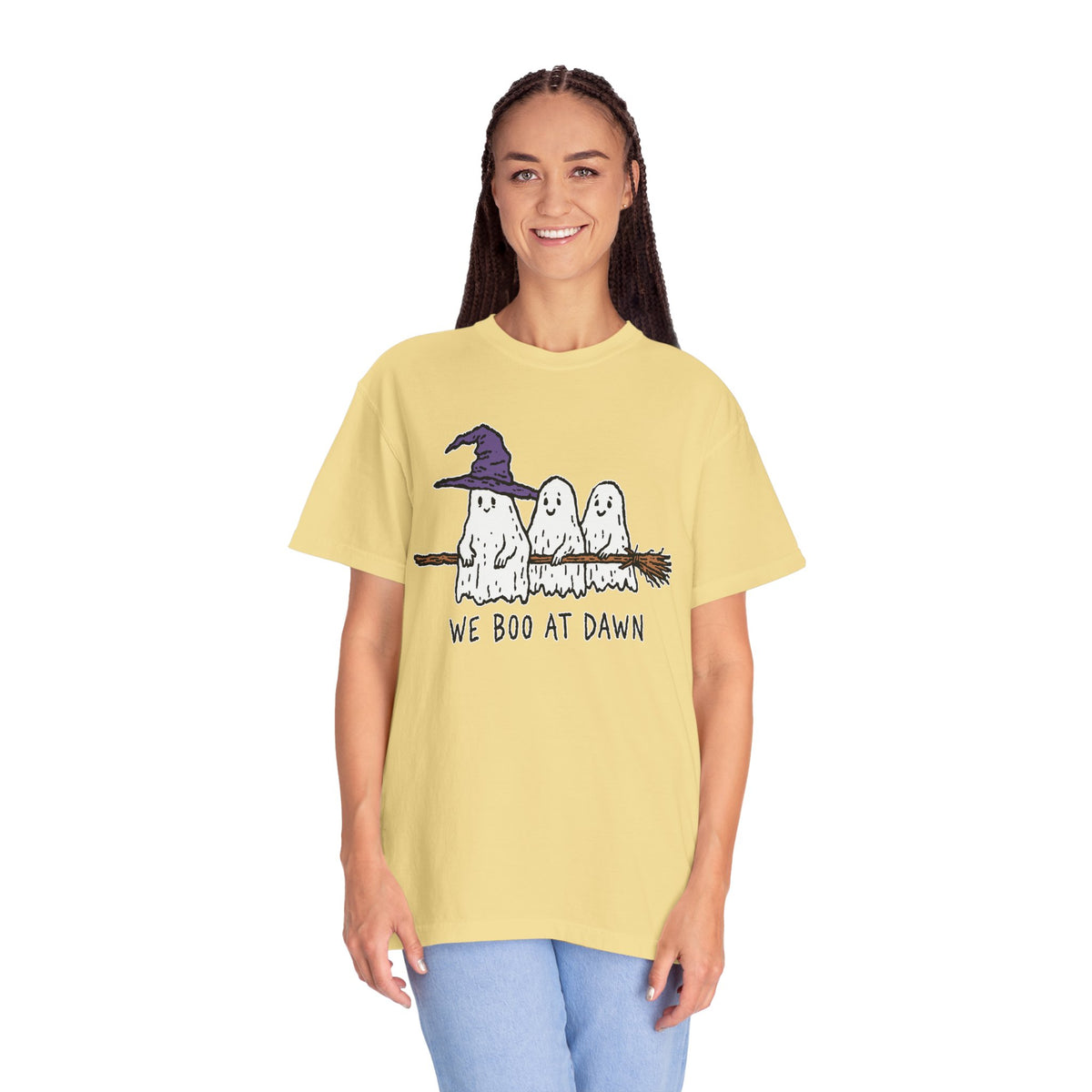 We Boo at Dawn Ghost Shirt, Funny Halloween Witch Broom Graphic Tee, Cute Spooky Season Gift for Friends and Ghost Lovers, October Outfit