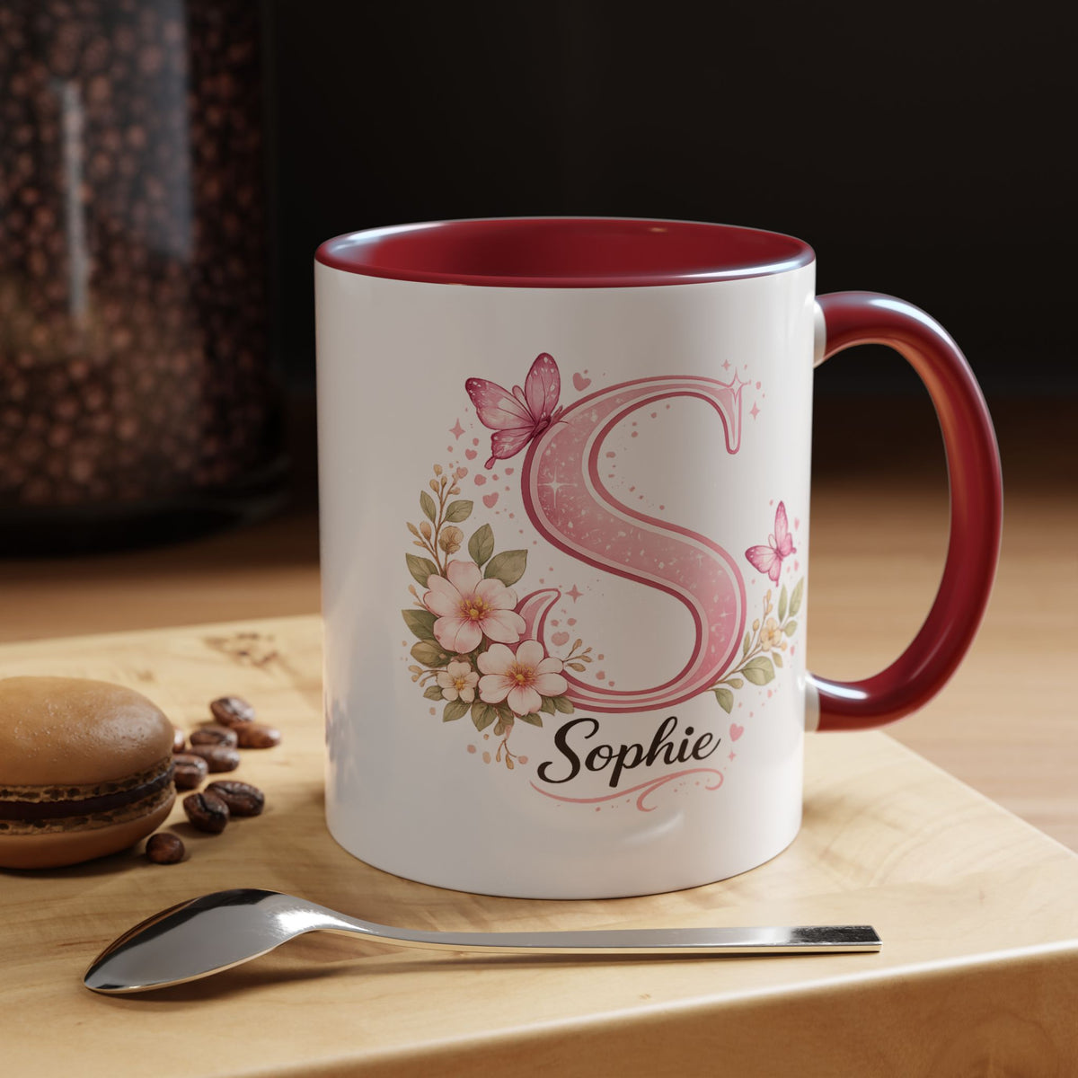 Personalized Butterfly Initial Mug, Custom Name Coffee Mug for Girls and Women, Pink Floral Monogram Cup, Birthday Gift, Custom Letter Mug