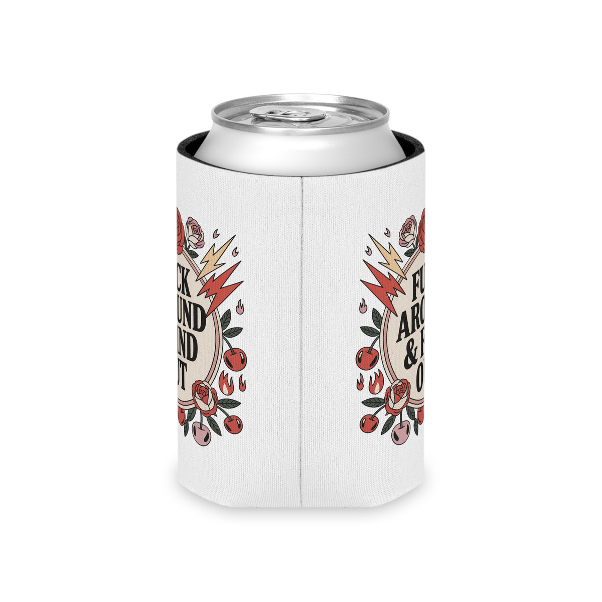 FAFO Can Cooler, Retro Tattoo Roses and Lightning Drink Sleeve, Sarcastic Gift for Friends, Funny Beer Can Holder
