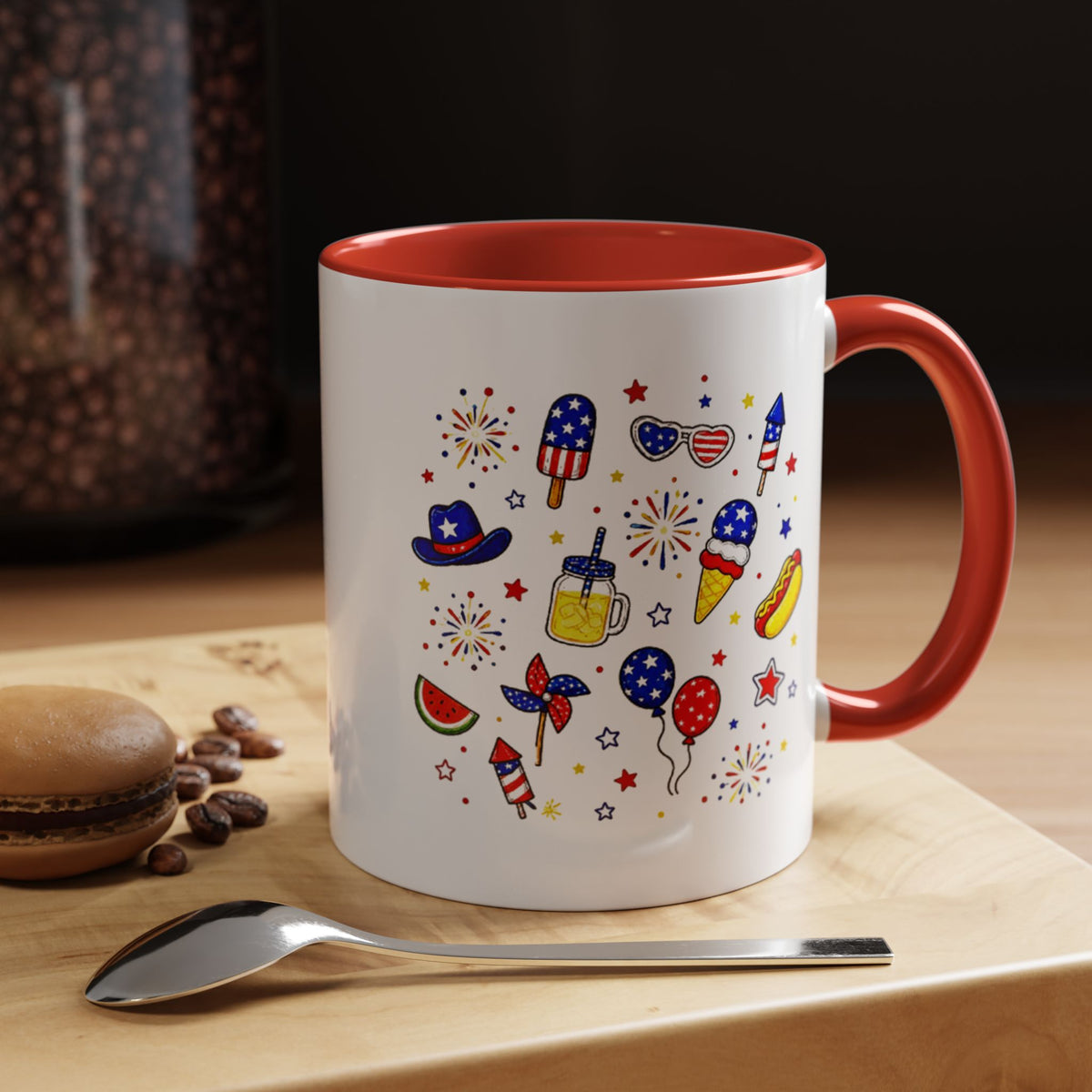 Patriotic Summer Celebration Mug, Fourth of July Coffee Mug, Americana Fireworks Cup, Red White Blue Holiday Gift