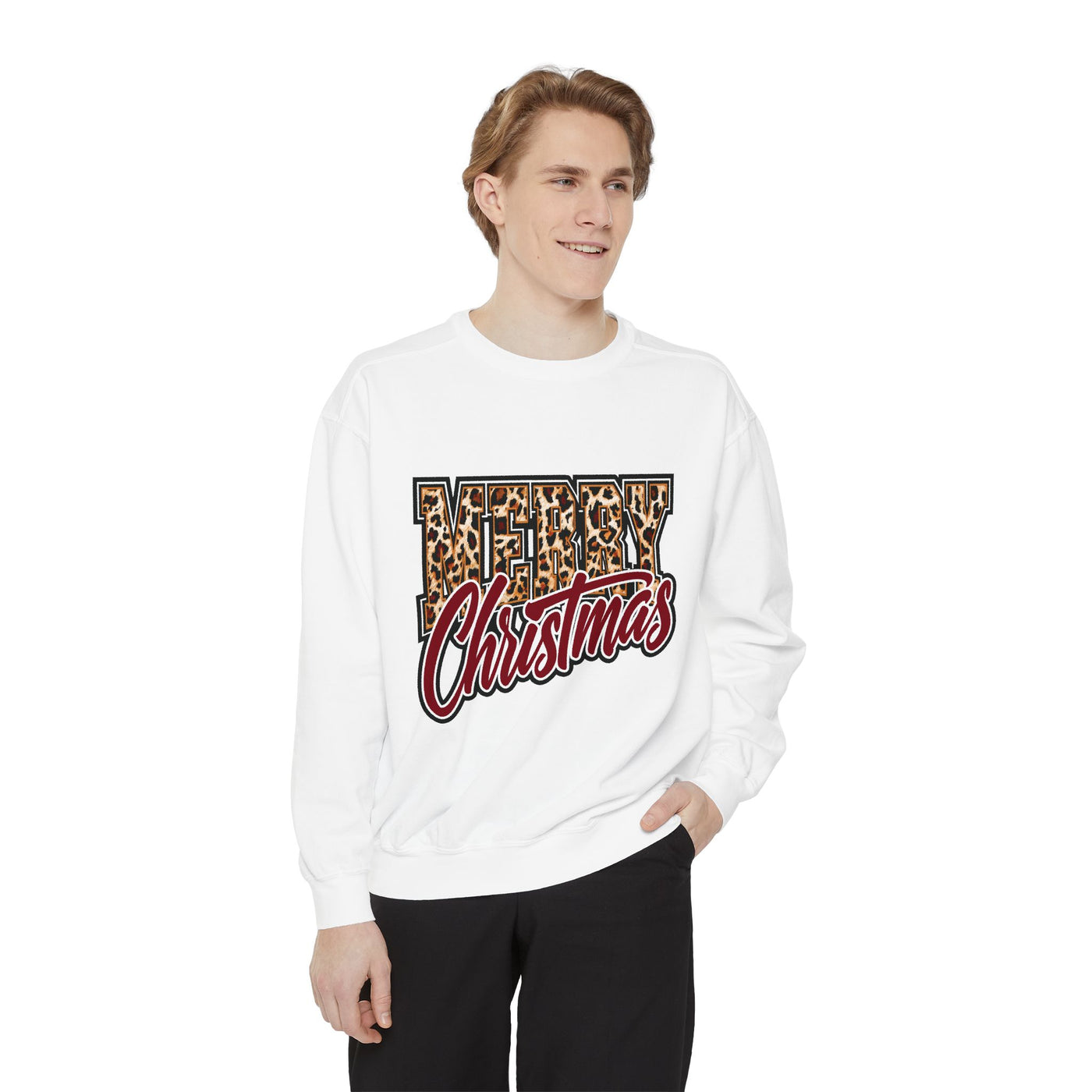 Merry Christmas Leopard Print Sweatshirt, Trendy Holiday Crewneck, Cheetah Lettering Pullover, Festive Gift for Women, Mom or Teacher