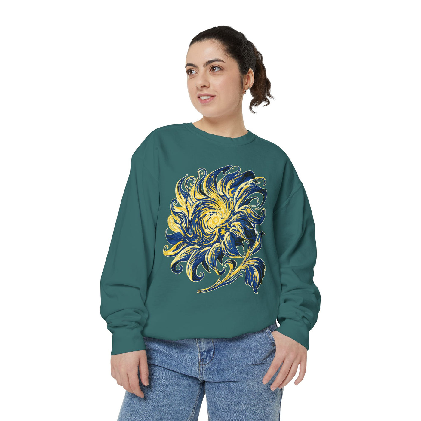 Celestial Sun Graphic Sweatshirt, Blue and Gold Cosmic Pullover, Mystical Night Sky Top, Astrology Gift for Stargazers and Dreamers
