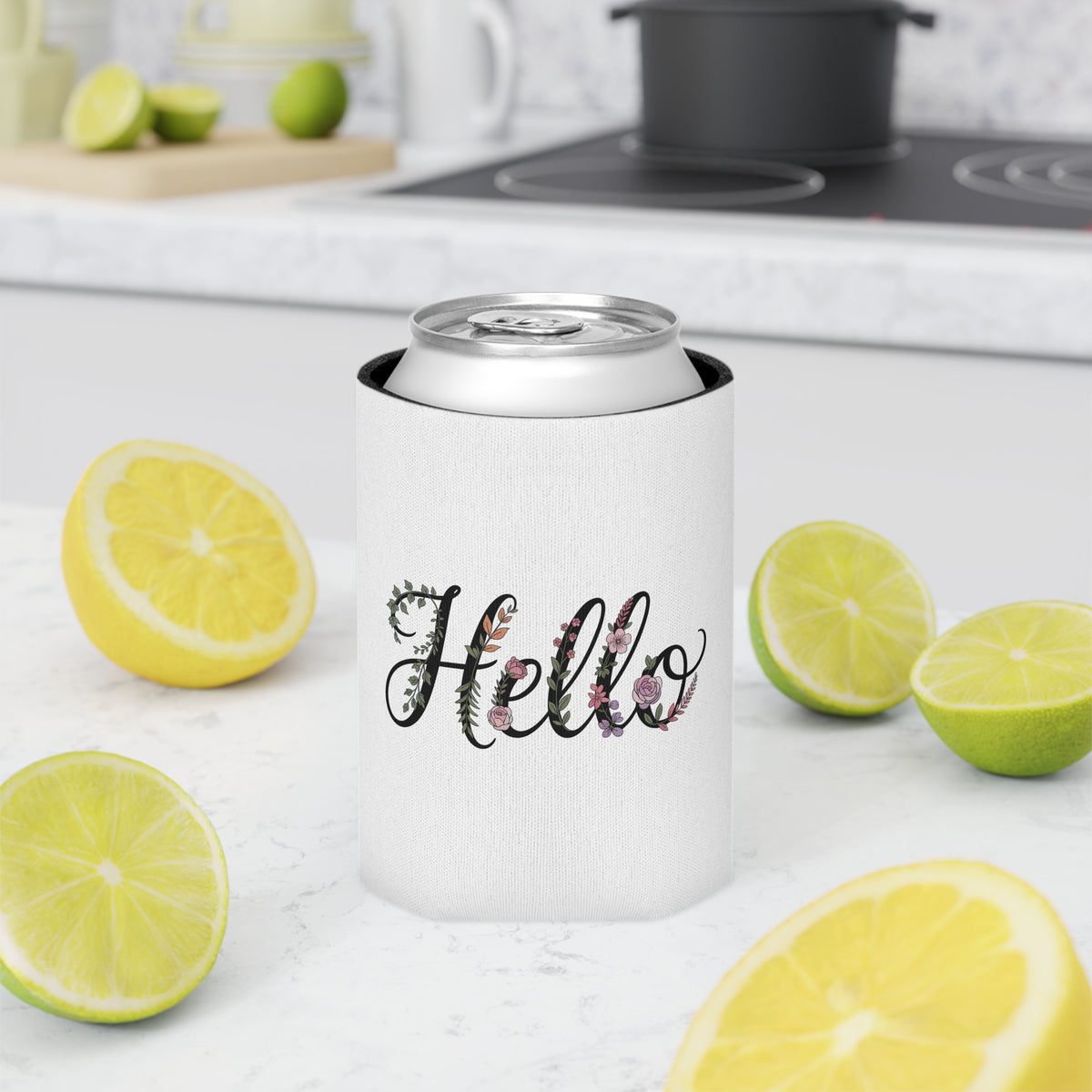 Floral Hello Can Cooler, Cute Beer Can Holder, Flower Drink Sleeve, Personalized Beverage Cozy, Summer Party Gift, Bridesmaid Gift for Her