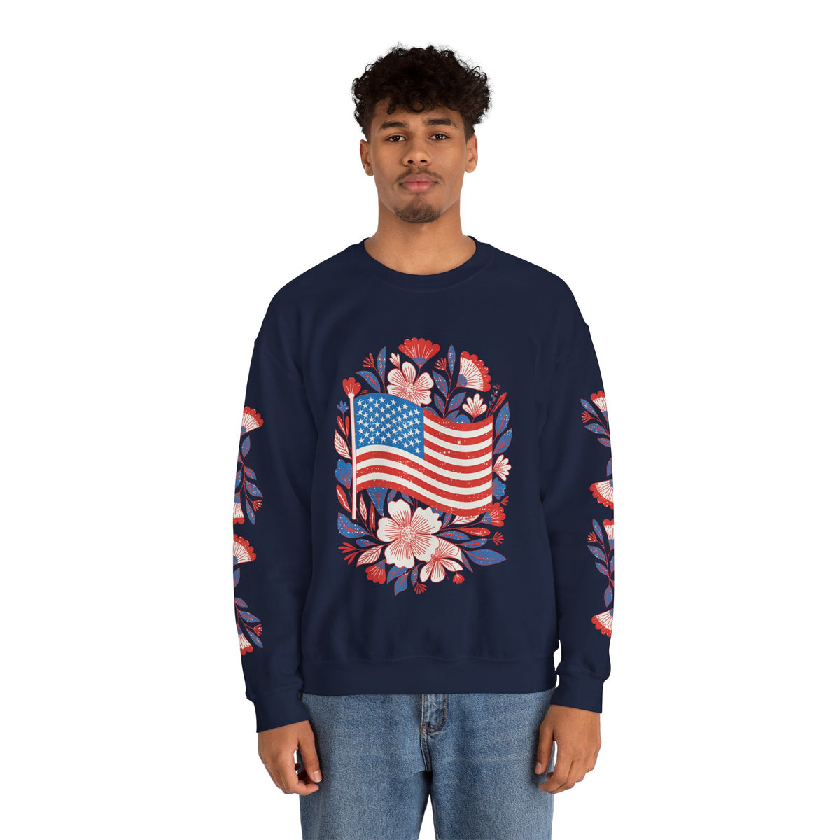 Floral American Flag Sweatshirt, Patriotic USA Pullover, Red White Blue Flower Top, Fourth of July Outfit, Americana Gift for Women