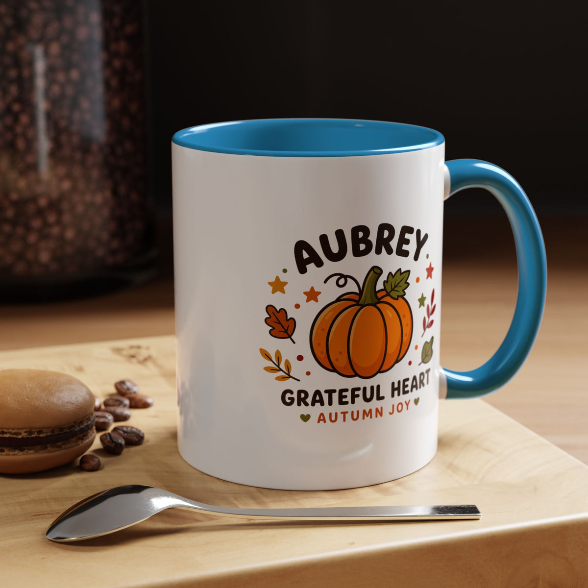 Personalized Pumpkin Name Mug, Custom Aubrey Fall Coffee Cup, Grateful Heart Autumn Gift for Her, Thanksgiving Birthday Keepsake Gift