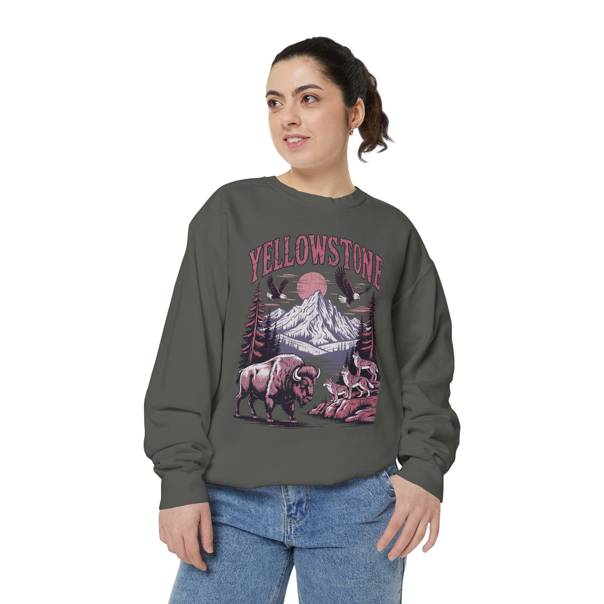 Yellowstone Wildlife Sweatshirt, Bison Wolf Eagle Mountain Crewneck, National Park Lover Gift, Western Nature Graphic Cozy Pullover