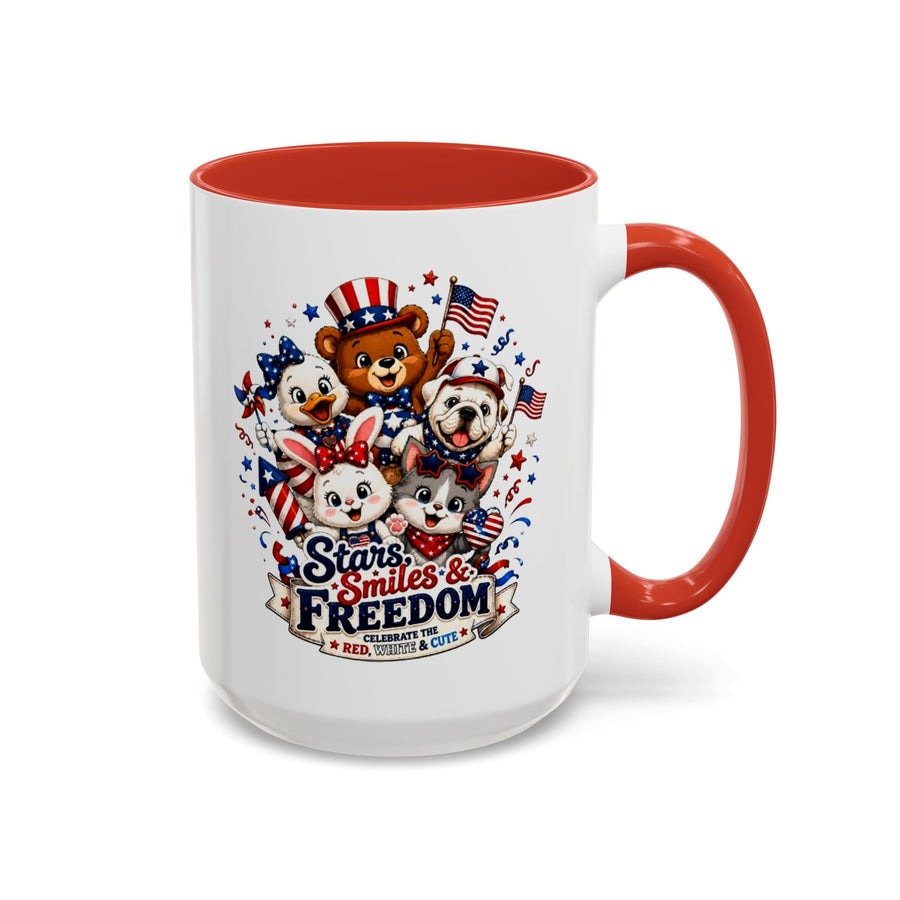 Cute Patriotic Animal Coffee Mug, Fourth of July Mug for Kids and Families, Stars Smiles and Freedom Cup, Independence Day Gift
