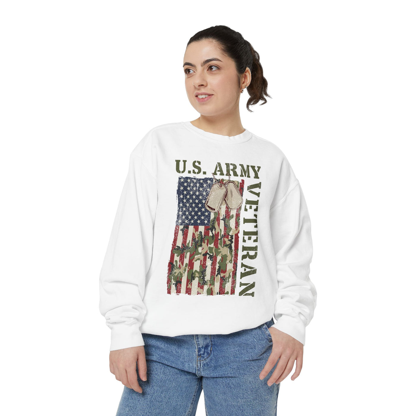 US Army Veteran Sweatshirt, American Flag Camo Crewneck, Military Dog Tag Pullover, Patriotic Soldier Gift, Retirement or Veterans Day Top