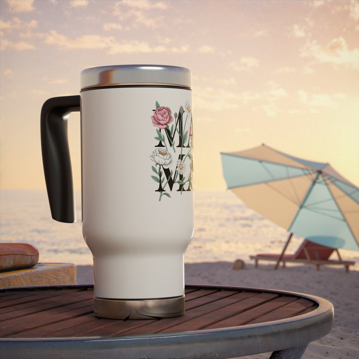 Personalized Mama Stainless Steel Travel Mug, Floral Custom Name Coffee Cup, Botanical Drink Tumbler, Mothers Day Gift for Mom