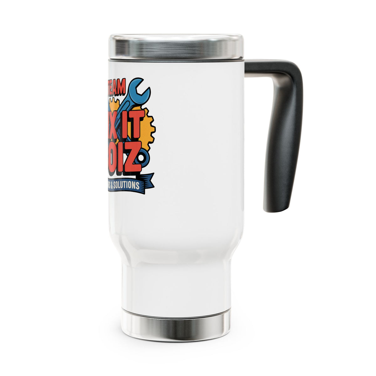 Mechanic Travel Mug with Handle, Team Fix It Boiz Wrench and Gear Design, Workshop Coffee Gift for a Handyman, Dad or Repair Crew Coworker