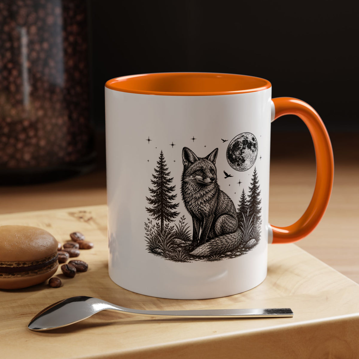 Fox Moon Mug, Black and White Woodland Coffee Cup, Celestial Forest Animal Gift for Fox Lover, Rustic Cabin Decor, Nature Birthday Present