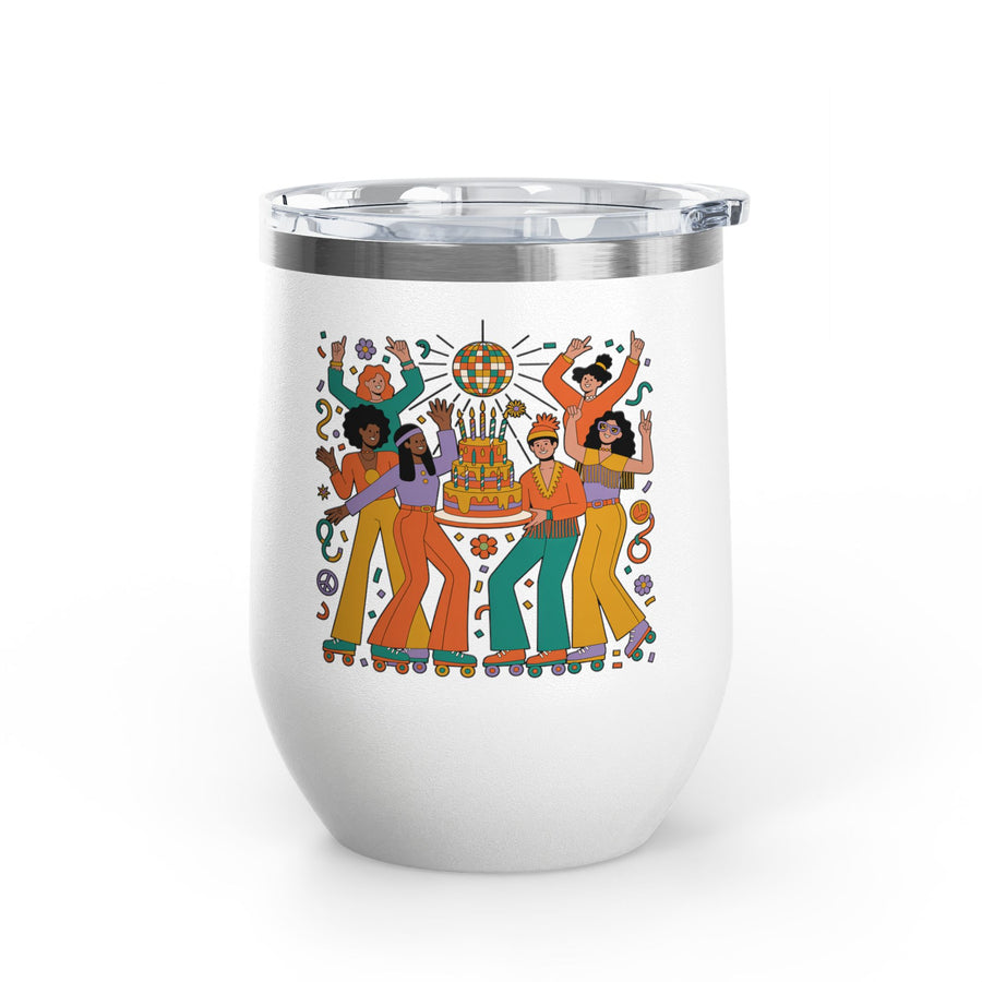 A white stainless steel stemless wine tumbler with a clear push-on lid, printed with a group of roller skaters in 70s flares dancing around a tiered birthday cake under a disco ball, in orange, teal, mustard and lavender.