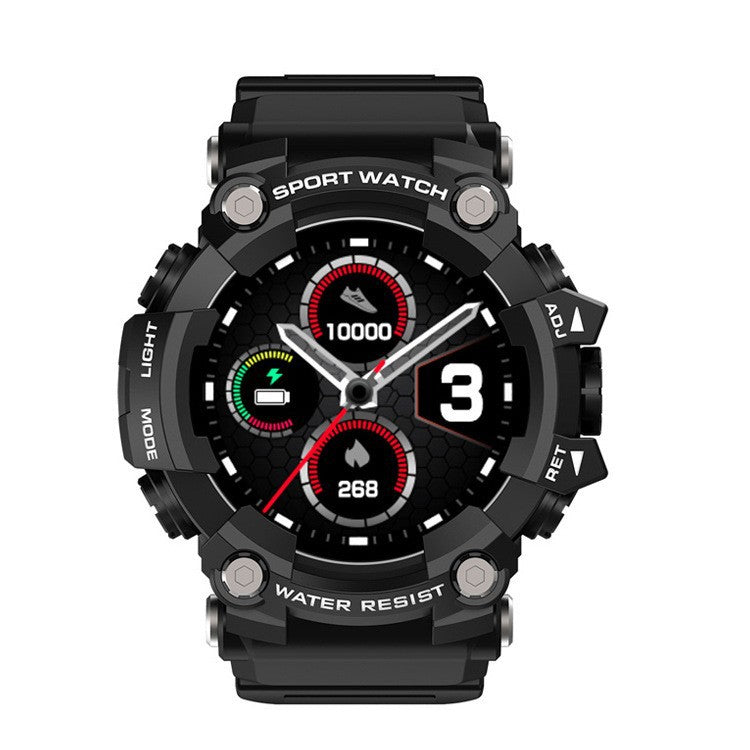 Black rugged sport smart watch showing steps, battery and calorie display on round screen