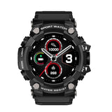 Black rugged sport smart watch showing steps, battery and calorie display on round screen