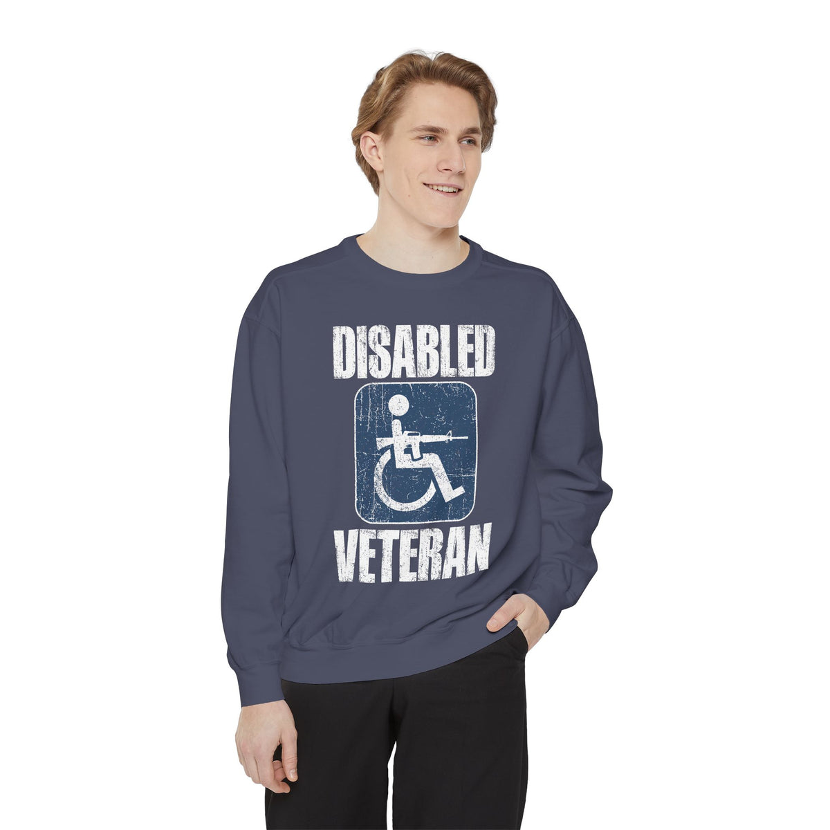 Disabled Veteran Sweatshirt, Distressed Wheelchair and Rifle Graphic, Military Service Pride, Veterans Day Gift and Everyday Casual Wear