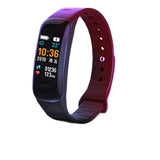 Burgundy and black fitness band with a rectangular touchscreen showing time, steps and heart rate