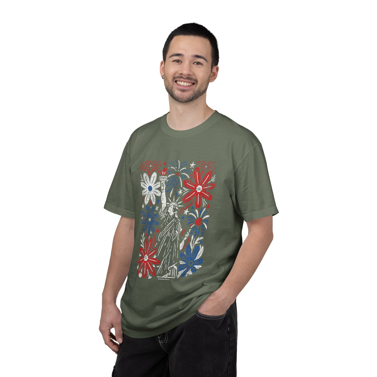 Patriotic Fireworks Shirt, Red White Blue Flower Graphic Tee, Americana T Shirt, Fourth of July Outfit, Vintage USA Gift for Women