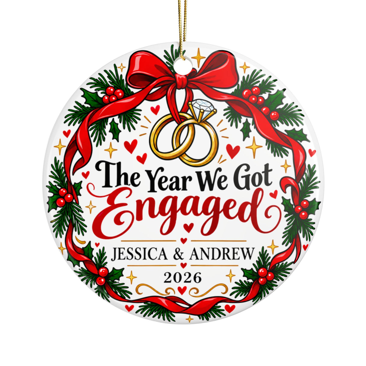 Personalized Engagement Christmas Ornament, The Year We Got Engaged with Names and Year, Red Bow Wreath Keepsake Gift for Engaged Couples