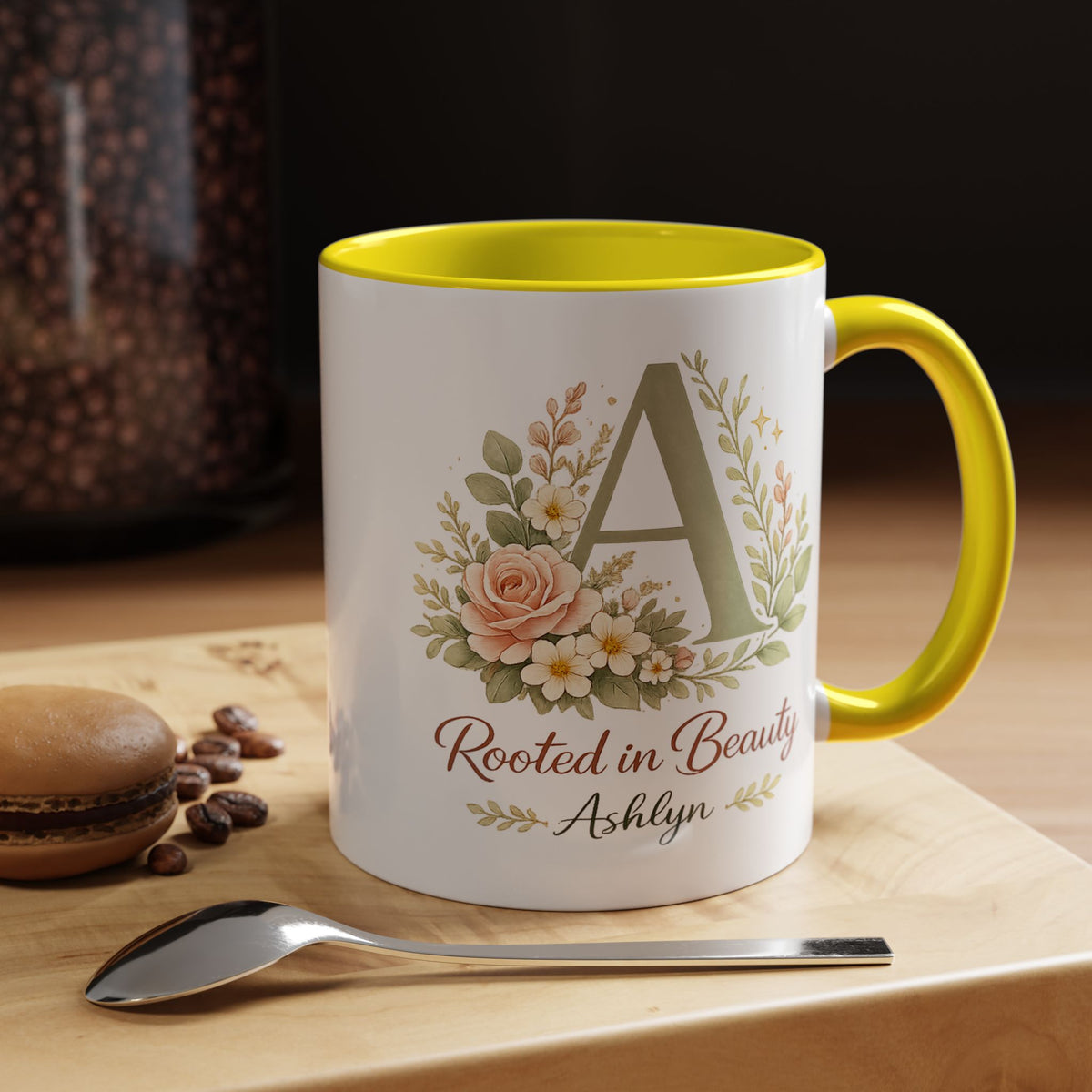 Personalized Floral Initial Mug, Custom Name Coffee Mug with Monogram Letter, Rooted in Beauty Gift for Women, Botanical Birthday Cup