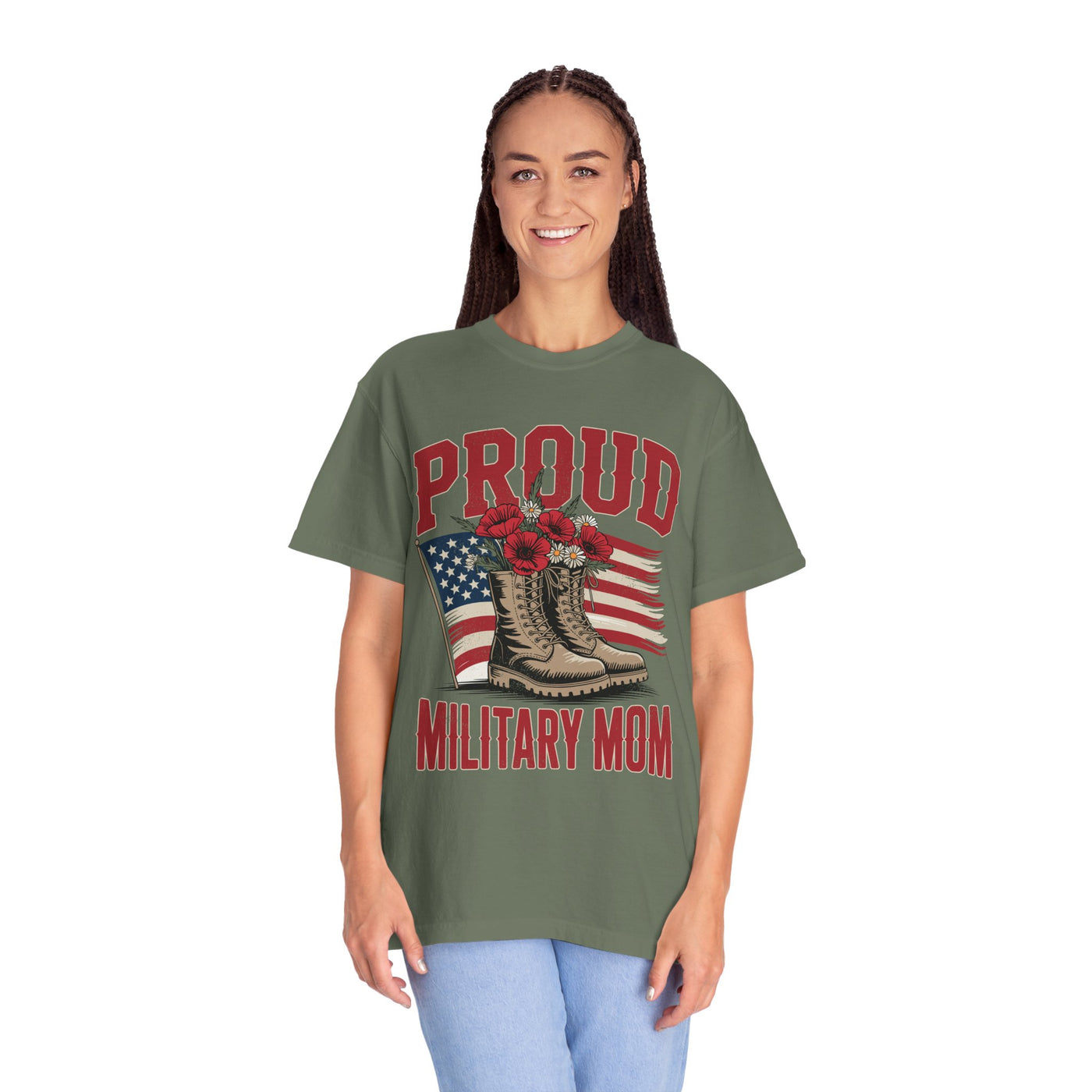 Proud Military Mom Shirt, Patriotic Army Mom T Shirt, Boots and Flowers Graphic Tee, American Flag Family Support Gift