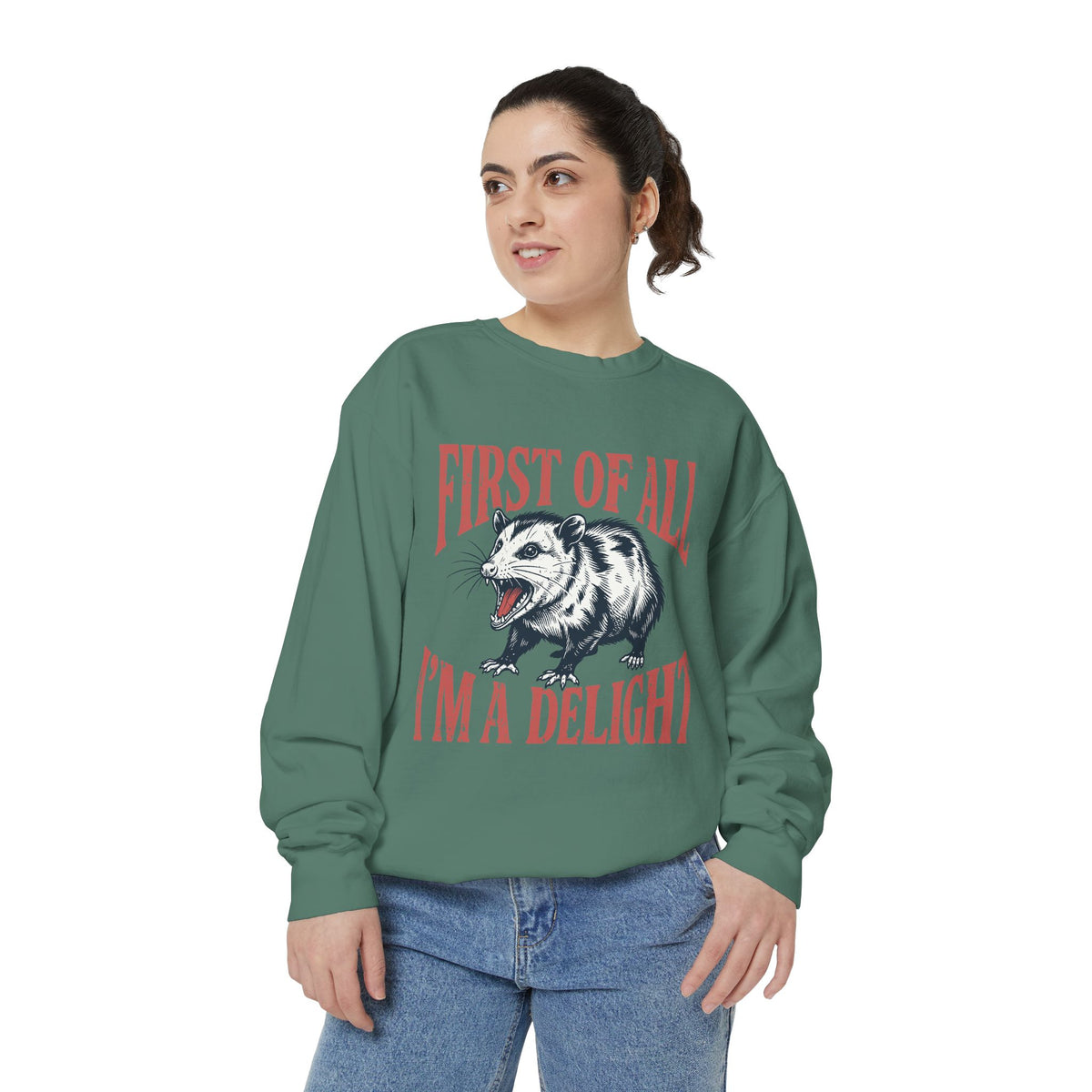 Funny Possum Sweatshirt, First of All I'm a Delight Crewneck, Sarcastic Animal Lover Gift, Vintage Opossum Graphic Cozy Pullover Top