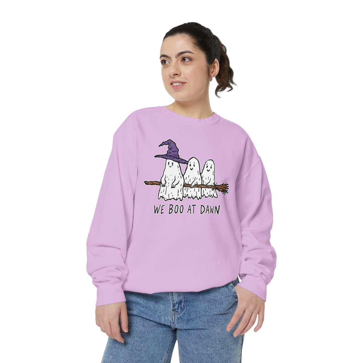 We Boo at Dawn Ghost Sweatshirt, Funny Halloween Witch Broom Pullover, Cute Spooky Season Gift for Friends and Ghost Lovers, October Outfit