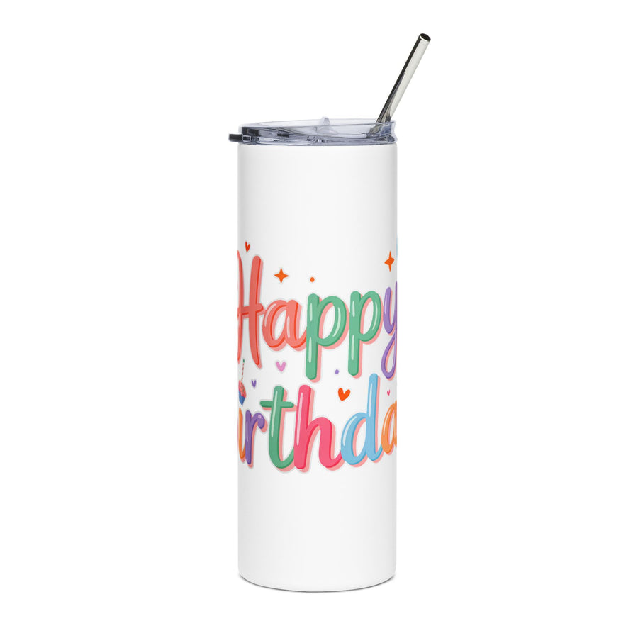 A white stainless steel skinny tumbler with a clear lid and metal straw, printed with "Happy Birthday!" in rainbow pastel lettering with bunches of balloons, a cupcake and small hearts.