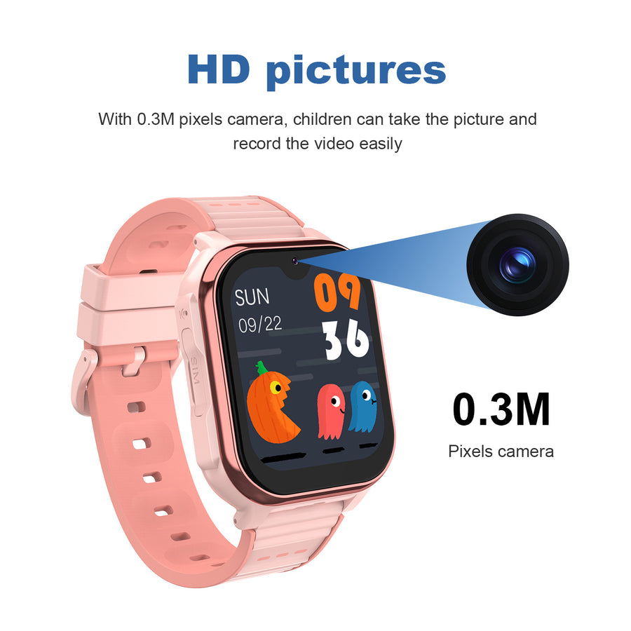 Pink and blue kids smart watch with square touchscreen showing time and cartoon game display