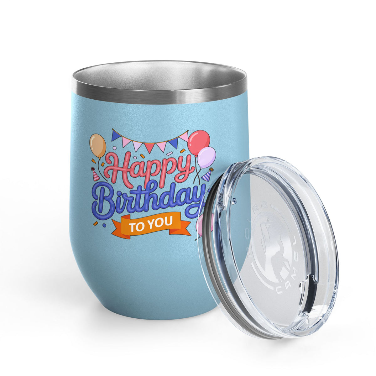 Happy Birthday to You Wine Tumbler, Pink and Blue Balloons with Party Bunting, Colorful Drinkware Gift for a Sister or Best Friend's Party