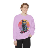 Retro Skateboard Cat Sweatshirt, Rainbow Sunglasses Kitty Crewneck, Funny Cat Lover Gift, Vintage Skater Graphic Cozy Pullover Top