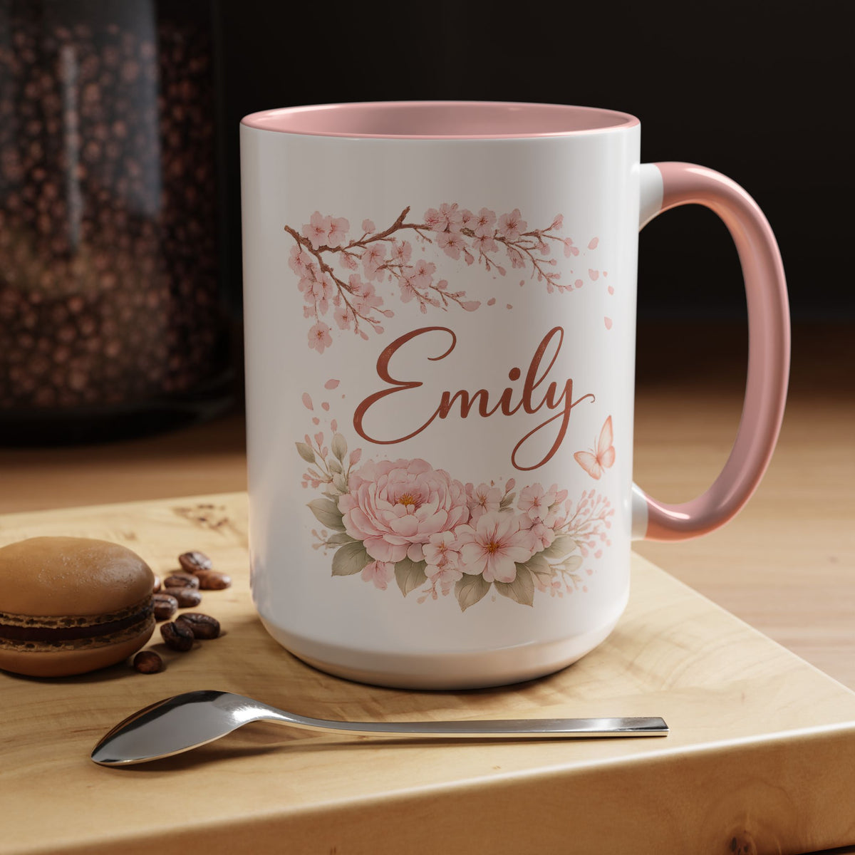 Personalized Floral Name Mug, Custom Coffee Mug with Name, Pink Flower Mug for Women, Birthday Gift, Bridesmaid Keepsake Cup