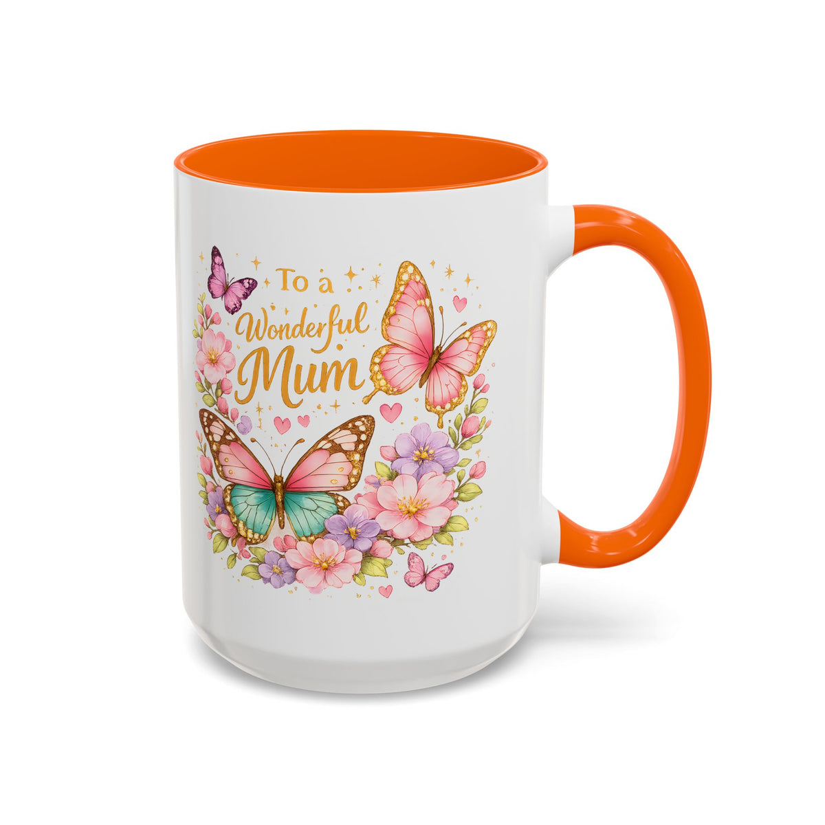 To a Wonderful Mum Coffee Mug, Cute Butterfly Birthday Gift for Mother, Floral Pastel Watercolor Ceramic Tea Cup with Pink Handle, Mum Gift