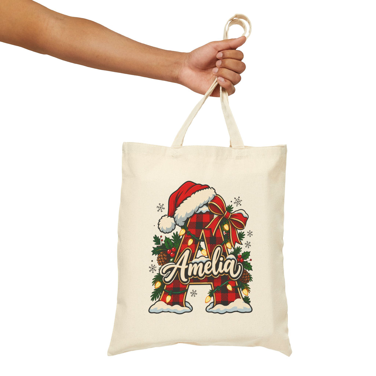 Personalized Christmas Tote Bag, Cotton Canvas 15x16, Buffalo Plaid Initial, Santa Hat, Custom Name Holiday Shopper
