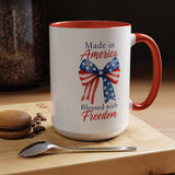 Made in America Blessed with Freedom Mug, Patriotic American Flag Bow Coffee Mug, USA Pride Gift for Women, Fourth of July Cup
