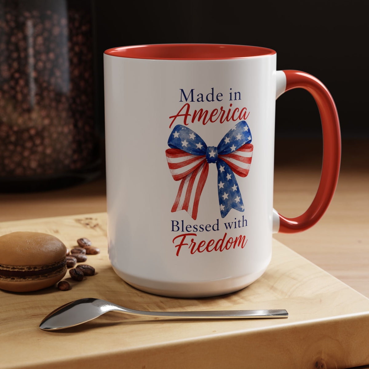 Made in America Blessed with Freedom Mug, Patriotic American Flag Bow Coffee Mug, USA Pride Gift for Women, Fourth of July Cup