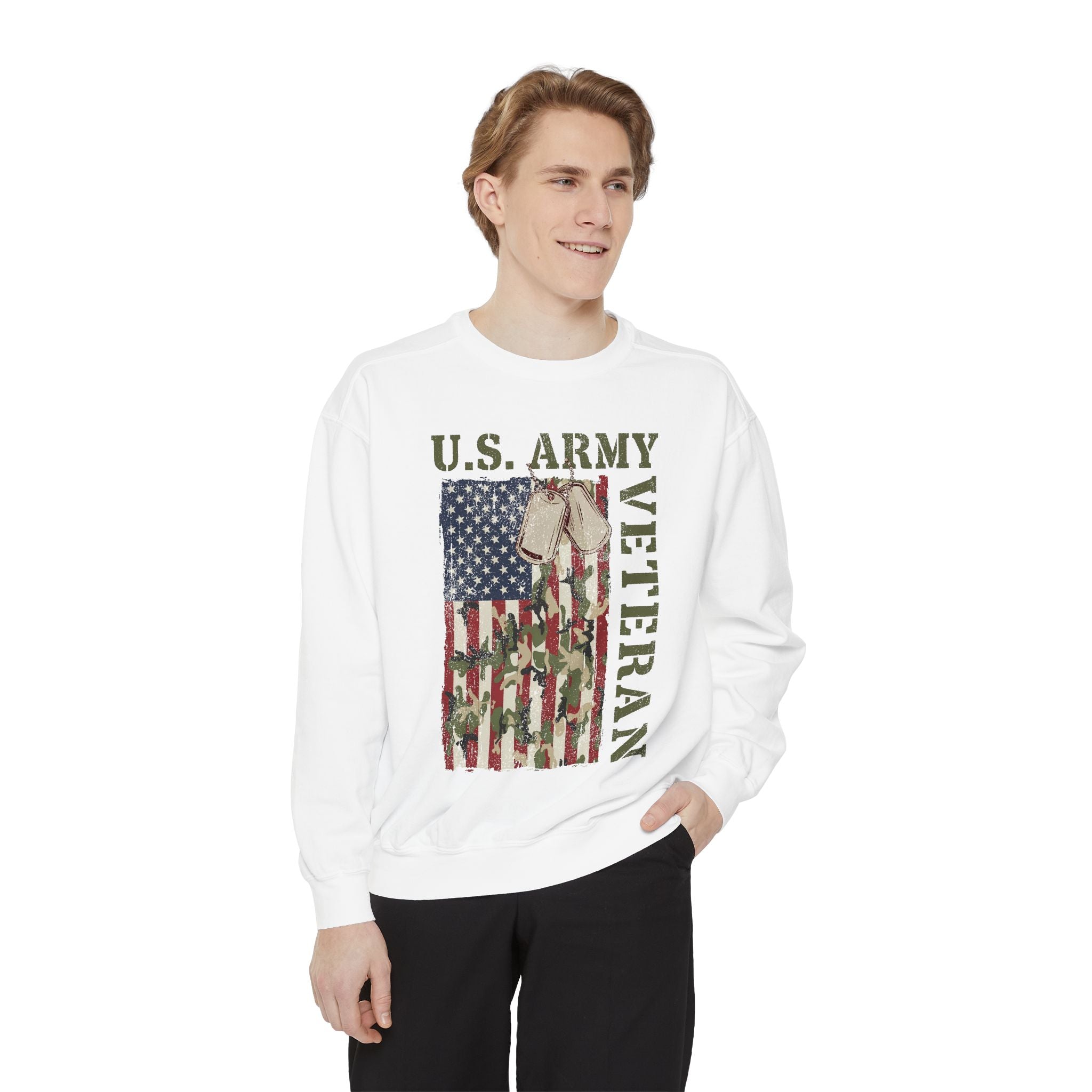 US Army Veteran Sweatshirt, American Flag Camo Crewneck, Military Dog Tag Pullover, Patriotic Soldier Gift, Retirement or Veterans Day Top