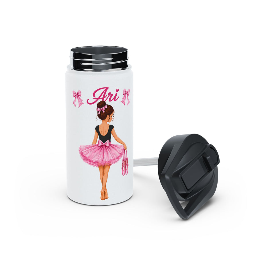 White water bottle with a black lid, printed with a ballerina in a black leotard and ruffled pink tutu holding pink pointe shoes, under the name Aria in pink script between two small bows.