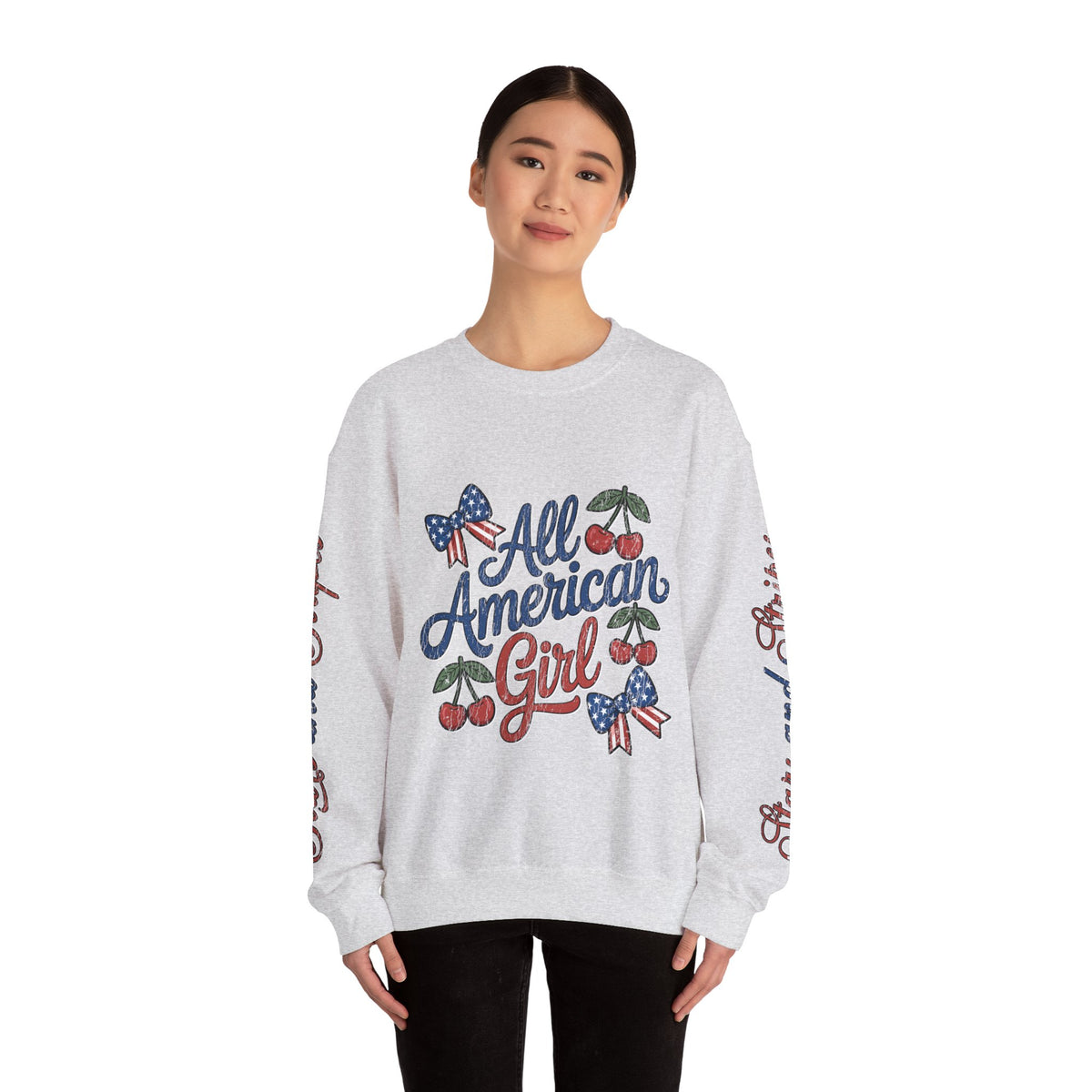 All American Girl Sweatshirt, Patriotic Womens Pullover, USA Flag Cherry Top, Vintage Americana Style, Fourth of July Gift