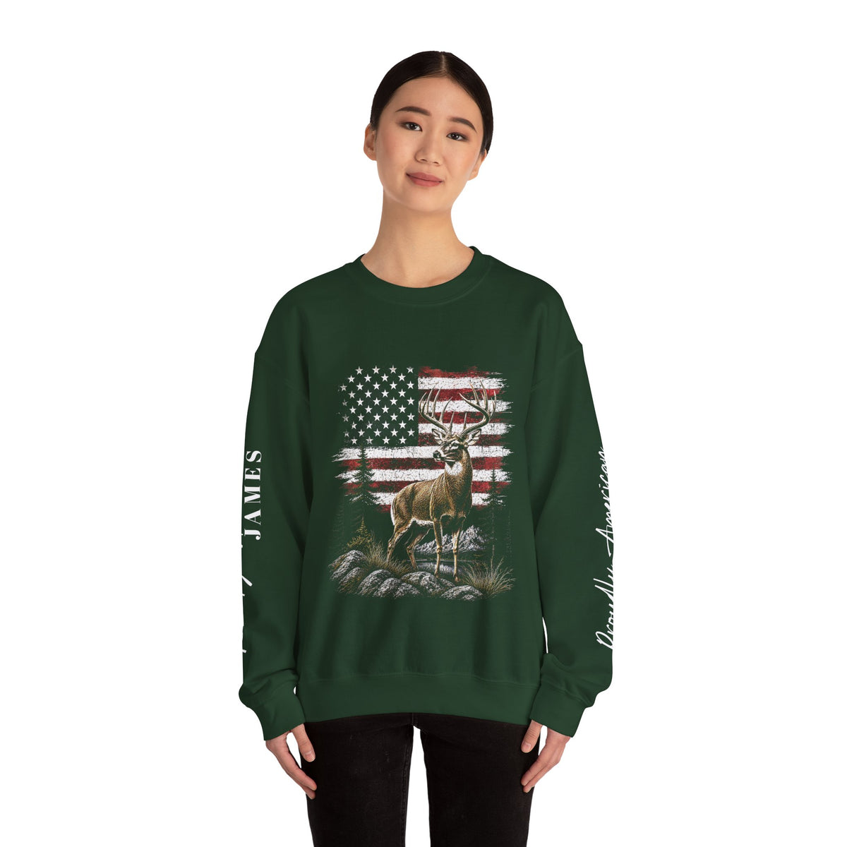 Personalized Hunting Sweatshirt, Custom Deer American Flag Pullover, Patriotic Outdoorsman Crewneck, Hunter Gift, Personalized Family Shirt