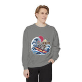 Japanese Surfing Raccoon Sweatshirt, Retro Wave Graphic Crewneck, Funny Animal Surfer Gift, Japan Inspired Beachwear Cozy Pullover