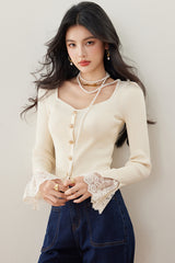 Fashionable  Heart-Necklace Lace Trim Knitted Sweater for Women Slim Fit Pullover