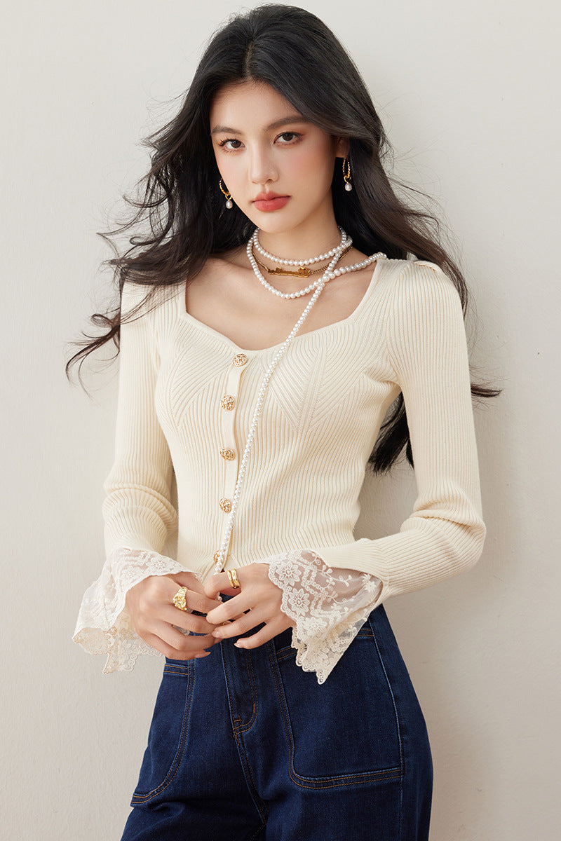 Fashionable  Heart-Necklace Lace Trim Knitted Sweater for Women Slim Fit Pullover