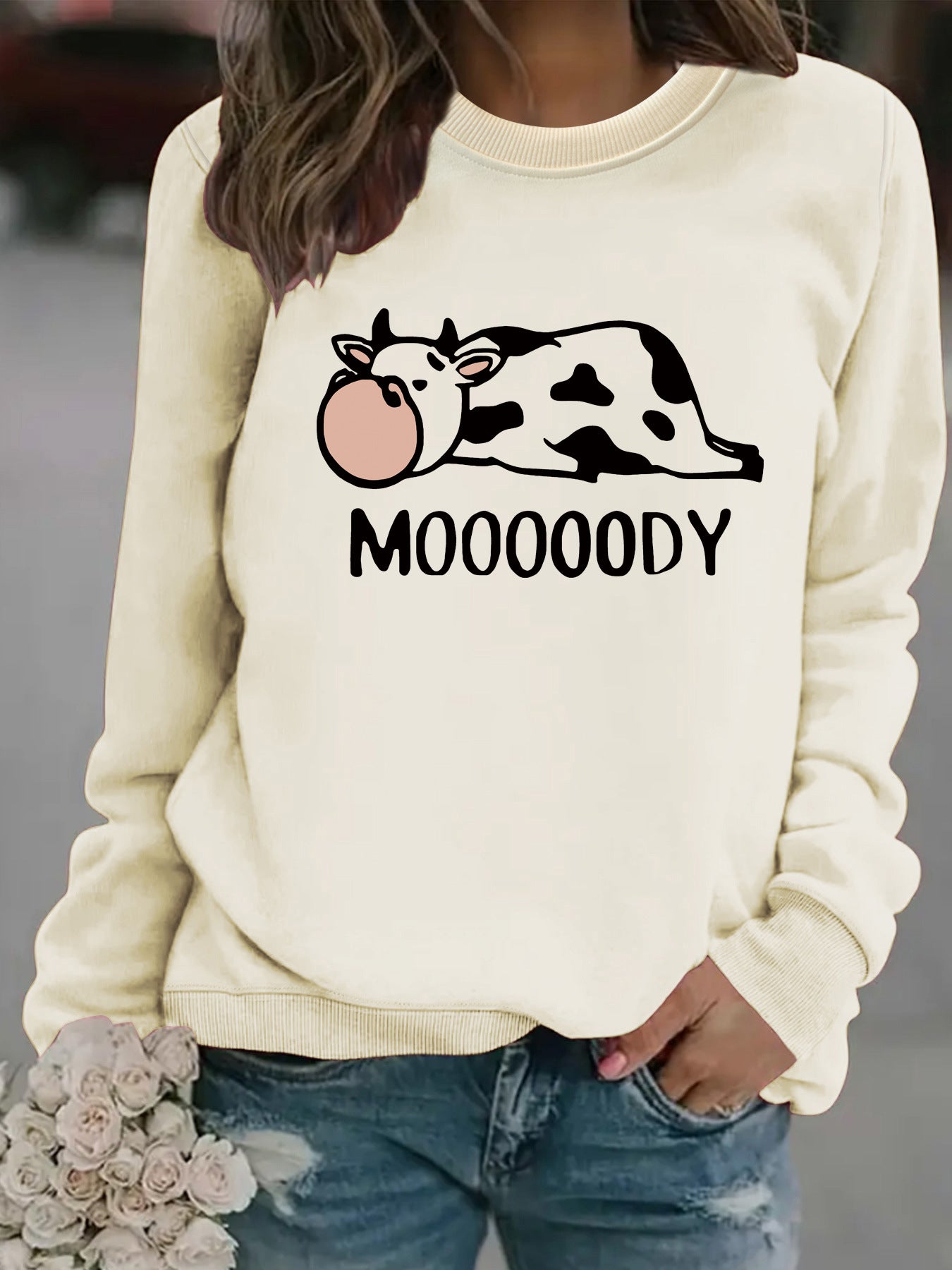 Round neck MOOOOODY printed pullover sweatshirt sweatshirt