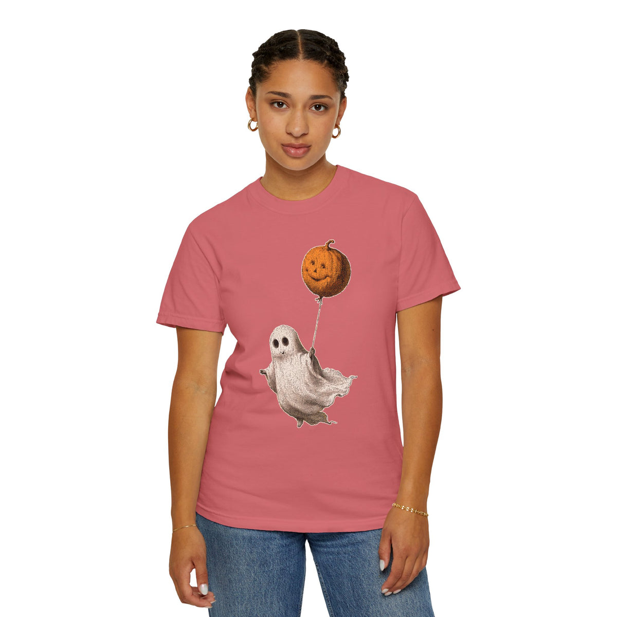 Cute Ghost Halloween Shirt, Pumpkin Balloon Graphic Tee, Vintage Spooky Season Gift for Women, Cozy October Fall Outfit for Ghost Lovers
